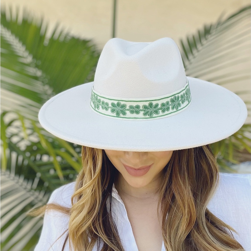 White Hat with Green Embroidery